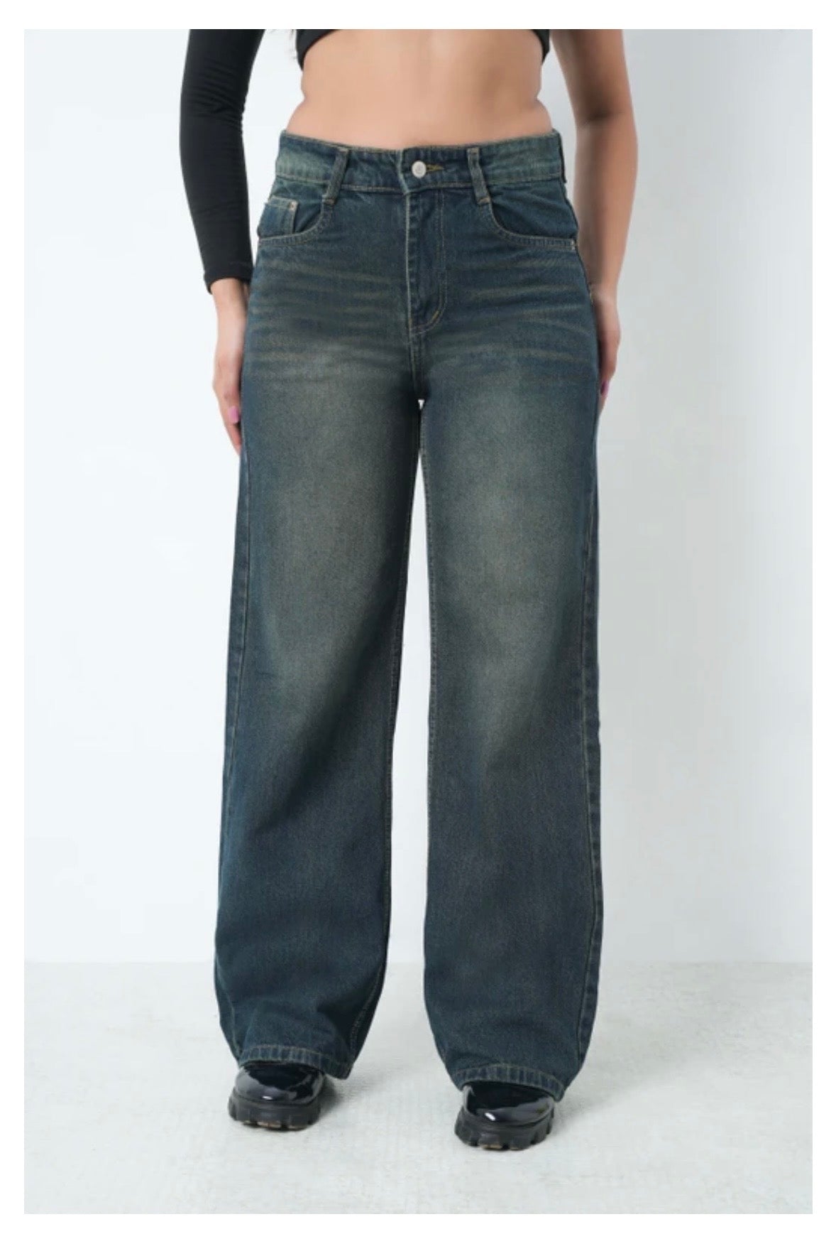 Women Loose Fit High Rise Denim Jeans – Dark Green