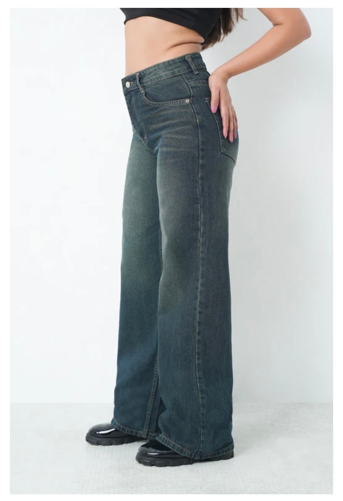 Women Loose Fit High Rise Denim Jeans – Dark Green