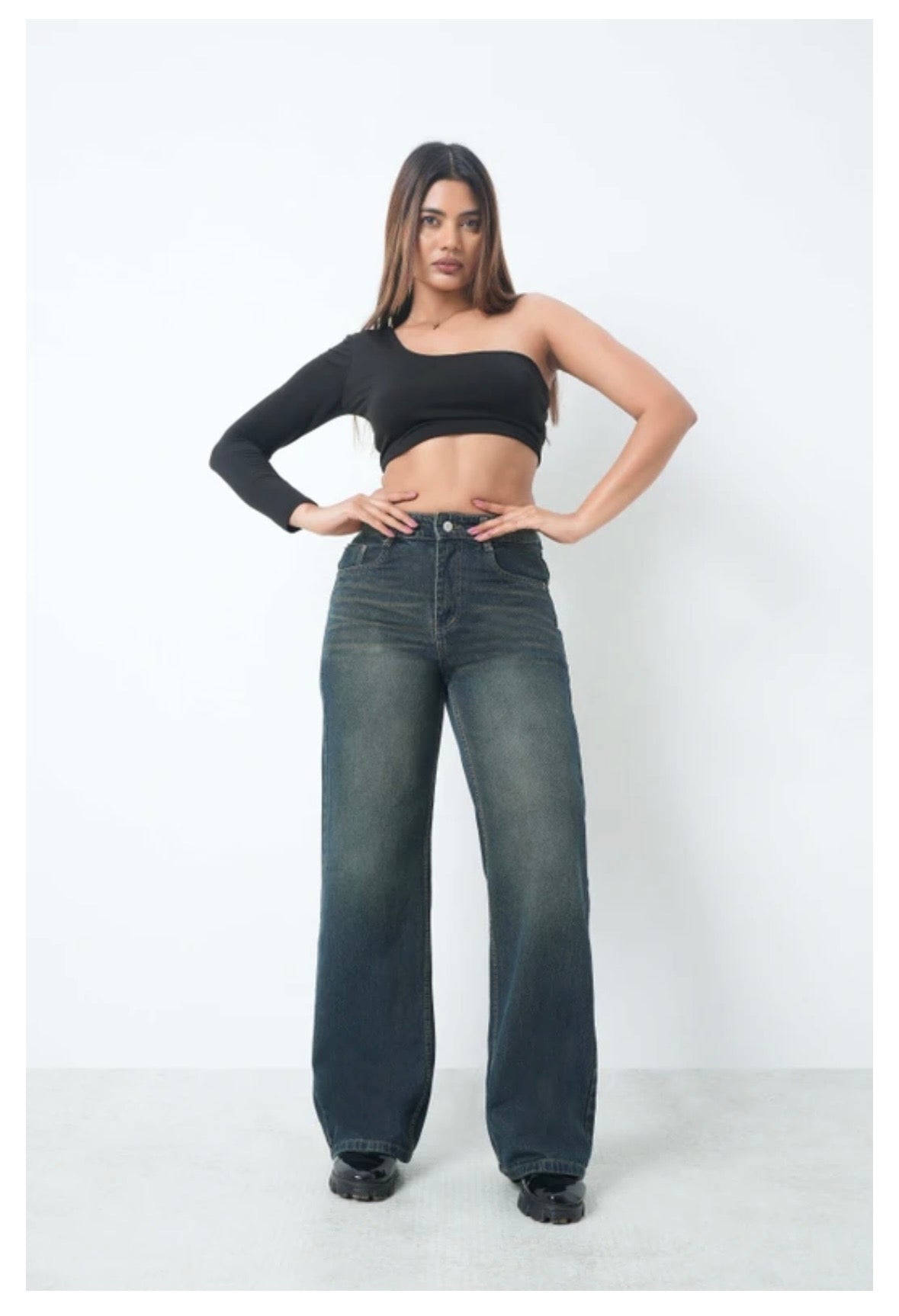 Women Loose Fit High Rise Denim Jeans – Dark Green